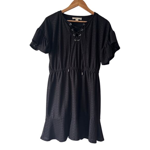 Michael Kors Dress Womens Medium Black Flutter Sleeve Front Tie Mini Whimsigoth - Picture 3 of 11